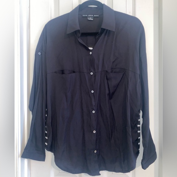 HYFVE Tops - HYFVE‎ Black Button-Up Blouse with Striped Back